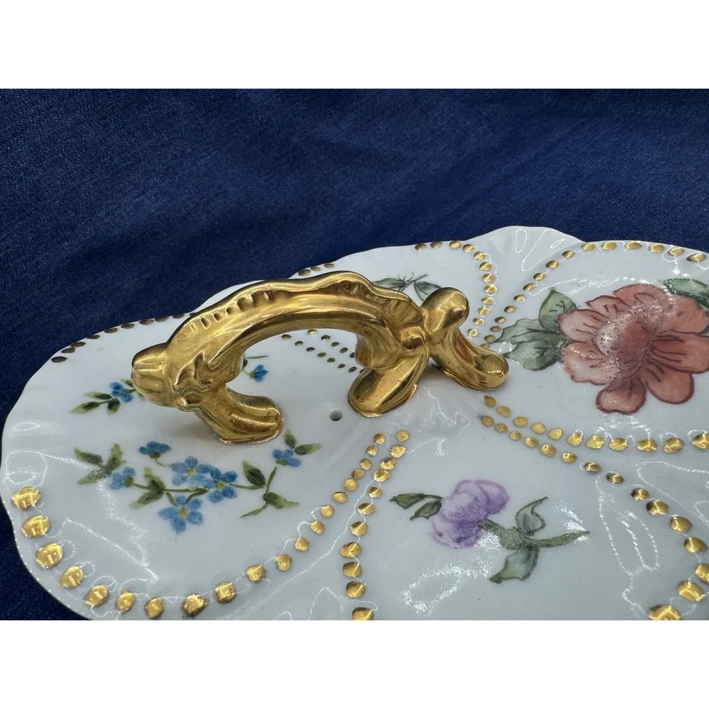 VTG Rare Covered Dish‎ & Knife Set Hand Painted Floral Signed Porcelain Ornate